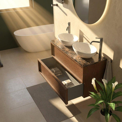 Saniclass Holz Frame Ensemble meuble de salle de bains - 120x45x63cm - plan de travail en pierre naturelle Noche dark emperador - 2 trous de robinet - 2 tiroirs - walnut pure mat (bois)
