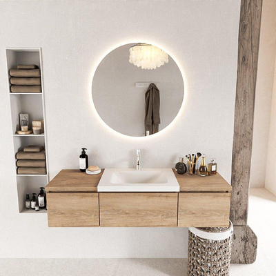 MONDIAZ BUKLA meuble de salle de bain 140 cm avec module 40 couleur Chêne blanchi avec 3 tiroirs. Lavabo CLOUD centre 1 trou de robinet couleur Talc.