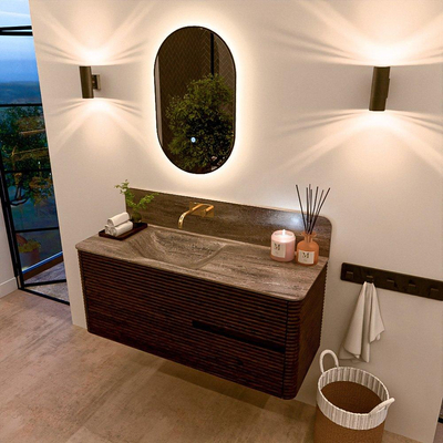 Mondiaz CIRO-DLUX Badkamermeubelset - 120x45x50cm - Solid surface wastafel Oza - 1 wasbak Links - zonder kraangaten - 2 lades - Walnut