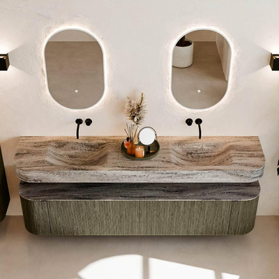 MONDIAZ THOR-DLUX 200cm meuble de salle de bains arrondi gauche + droite couleur Shadow avec 2 tiroirs et 2 portes. Vasque suspendue CLOUD Double sans trou de robinet couleur Oza.