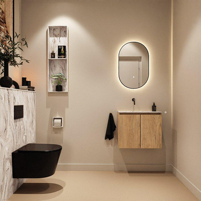 MONDIAZ TURE-DLUX Meuble toilette - 60cm - Washed Oak - EDEN - vasque Glace - position gauche - sans trou de robinet
