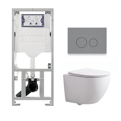 Pack WC QeramiQ Dely Swirl Compact - réservoir encastrable Geberit UP320 - avec bâti-support Burda - abattant slim - plaque de commande en plastique gris clair - boutons ronds - blanc brillant