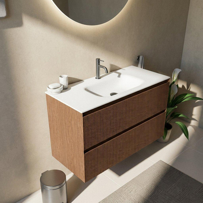 Saniclass Holz Atelier Badkamermeubelset - 100x45x61.5cm - Flow solid surface wastafel wit - 1 wasbak - 1 kraangat - 2 lades - mat walnut pure (hout)