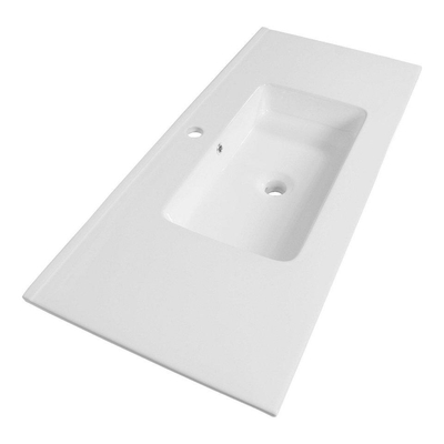BRAUER Inspire Badkamermeubelset - 100x46x57cm - 2 lades - greeploos - softclose - keramieke wastafel - met kraangat - glans wit - timber greige SHOWROOMMODEL