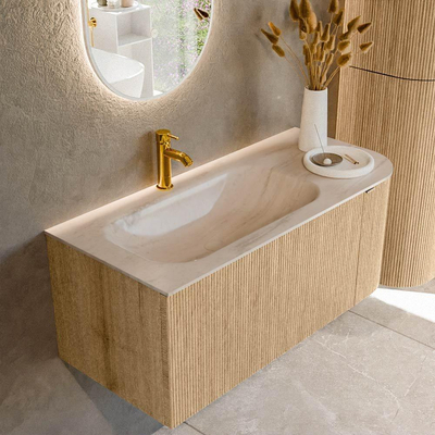 MONDIAZ KURVE-DLUX 105cm badmeubel ronding Rechts kleur Oak met 1 lade en 1 deur. Wastafel BIG SMALL Links 1 kraangat Meli.
