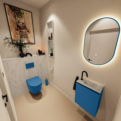 MONDIAZ TURE-DLUX Meuble toilette - 40cm - Jeans - EDEN - vasque Opalo - position droite - 1 trou de robinet