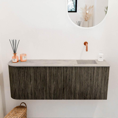 Mondiaz JOYA-DLUX Meuble de salle de bains 111.6cm - arrondi gauche couleur Shadow - Vasque FAYE position Droite Sans trou de robinet couleur Glace