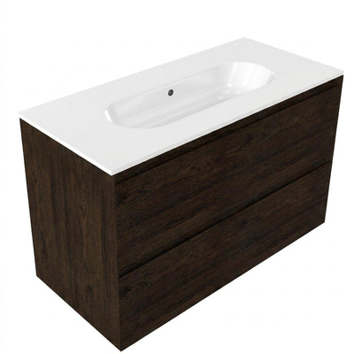Saniclass Holz Pure Ensemble meuble de salle de bains - 100x45x73.9cm - lavabo en céramique Chaci blanc - 1 vasque - sans trou de robinet - 2 tiroirs - chêne charcoal mat (bois)
