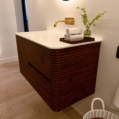 Mondiaz CIRO-DLUX Meuble de salle de bains - 90x45x50cm - plan-vasque Solid surface Opalo - 1 lavabo au milieu - sans trous de robinetterie - 2 tiroirs - Ruby