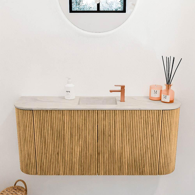 Mondiaz JOYA-DLUX 93.2cm toiletmeubel - ronding links en rechts kleur Oak - Wastafel FAYE positie Midden 1 kraangat kleur Ostra.