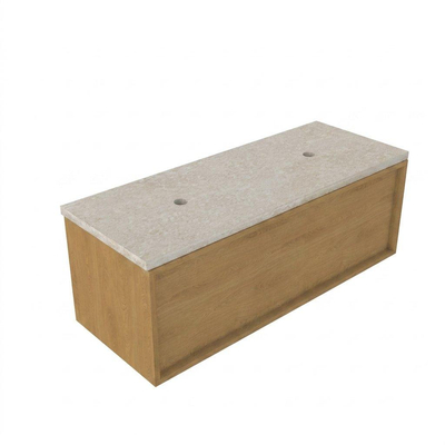 Saniclass Holz Frame Ensemble meuble de salle de bains - 120x45x43cm - Plan de travail en pierre naturelle travertin - sans trou de robinetterie - 1 tiroir - chêne natural mat (bois)