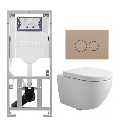 Pack WC QeramiQ Dely Swirl Compact - réservoir encastrable Geberit UP320 - avec bâti-support Burda - abattant 25 mm - plaque de commande en plastique taupe - boutons ronds - blanc brillant