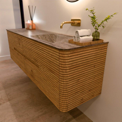Mondiaz CIRO-DLUX Badkamermeubelset - 170x45x50cm - Solid surface wastafel Oza - 1 wasbak Rechts - zonder kraangaten - 4 lades - Oak