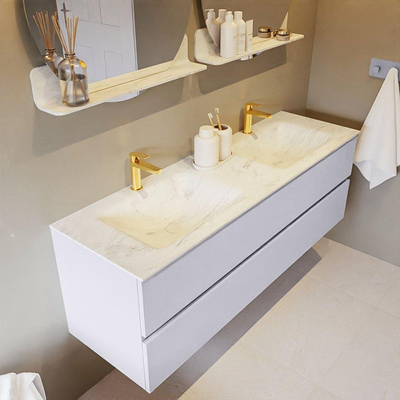 Mondiaz VICA-DLUX ensemble de meuble de salle de bain - 150cm - meuble sous-vasque cale - 2 tiroirs - lavabo encastré cloud double - 2 trous de robinet - version haute de 60cm - opalo