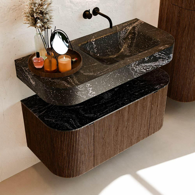 MONDIAZ THOR-DLUX 100cm meuble de salle de bains arrondi gauche + droite couleur Walnut avec 1 tiroir et 2 portes. Vasque suspendue CLOUD Droite sans trou de robinet couleur Lava.