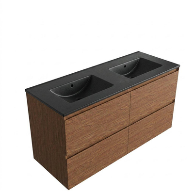 Saniclass Holz Pure Ensemble de meubles de salle de bains - 120x45x62cm - Lavabo en céramique Vygo noir - 2 vasques - sans trous de robinetterie - 4 tiroirs - noyer pure mat (bois)