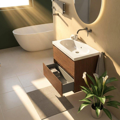 Saniclass Holz Pure Ensemble meuble de salle de bains - 80x45x63.5cm - lavabo en céramique Palermo blanc - 1 vasque - sans trou de robinet - 2 tiroirs - walnut pure mat (bois)