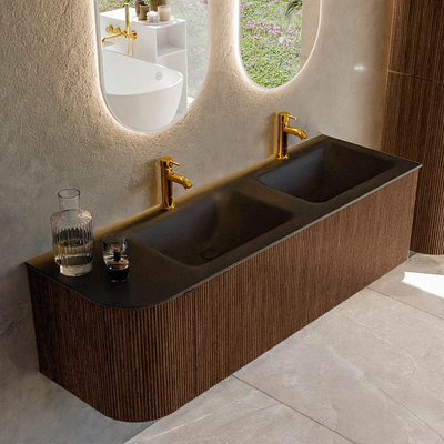 MONDIAZ KURVE 145cm badmeubel met module 25 L kleur Walnut met 1 lade en 1 deur. Wastafel CLOUD dubbel / rechts 2 kraangaten Urban.