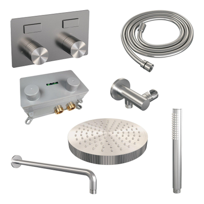 BRAUER Stripe Thermostatische Inbouw Regendouche - drukknoppen - 25cm douchekop - gebogen muurarm - staaf handdouche - doucheslang - wandaansluitbocht - RVS-kleurig geborsteld PVD