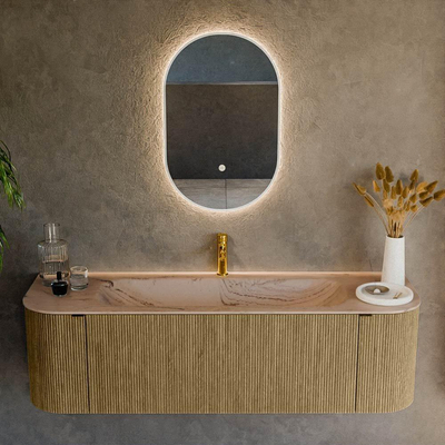 MONDIAZ KURVE-DLUX Meuble de salle de bains 150cm arrondi Gauche + Droite couleur Dusk avec 1 tiroir et 2 portes. Lavabo BIG MEDIUM Centre 1 trou de robinet Arena.