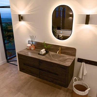 Mondiaz CIRO-DLUX Ensemble de meubles de salle de bains - 130x45x50cm - Plan vasque solid surface Oza - 1 lavabo à droite - 1 trou de robinet - 4 tiroirs - Shadow