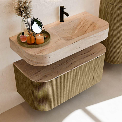 MONDIAZ THOR-DLUX 100cm meuble de salle de bains arrondi gauche + droite couleur Dusk avec 1 tiroir et 2 portes. Vasque suspendue CLOUD Droite 1 trou de robinet couleur Saba.