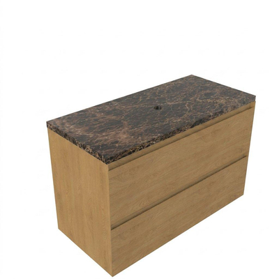Saniclass Holz Pure Ensemble de meubles de salle de bains - 100x45x63cm - Plan en pierre naturelle Noche dark emperador - sans trou de robinet - 2 tiroirs - chêne natural mat (bois)