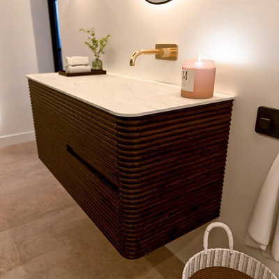 Mondiaz CIRO-DLUX Meuble de salle de bains - 110x45x50cm - Plan vasque solid surface Opalo - 1 vasque à droite - sans trous de robinet - 2 tiroirs - Noyer