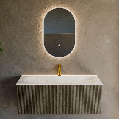 Mondiaz KURVE-DLUX Ensemble de meuble salle de bain - 110x46x40cm - 1 tiroir - lavabo en solid surface - milieu - 1 trou de robinet - Shadow