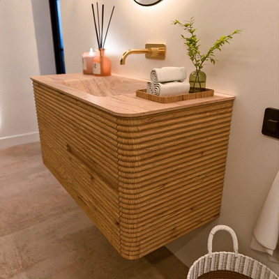 Mondiaz CIRO-DLUX Badkamermeubelset - 100x45x50cm - Solid surface wastafel Saba - 1 wasbak Midden - zonder kraangaten - 2 lades - Oak