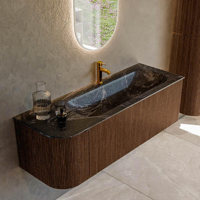MONDIAZ KURVE-DLUX 135cm badmeubel met module 25 L kleur Walnut met 1 lade en 1 deur. Wastafel BIG MEDIUM rechts 1 kraangat kleur Lava.