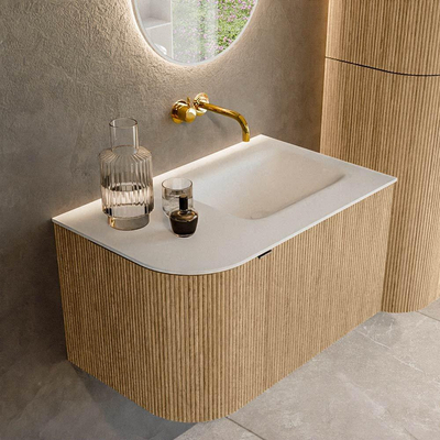 MONDIAZ KURVE 75cm badmeubel met module 25 L kleur Oak met 1 lade en 1 deur. Wastafel GRUNNE rechts zonder kraangat Talc.