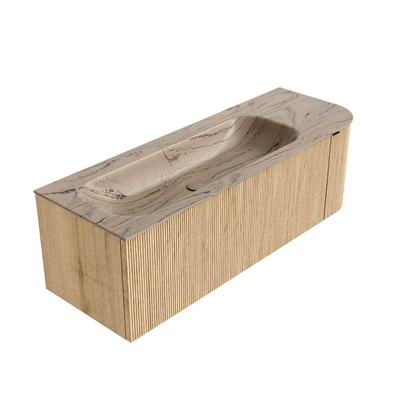 MONDIAZ KURVE-DLUX 135cm meuble de salle de bains courbe Droite couleur Chêne avec 1 tiroir et 1 porte. Lavabo BIG MEDIUM Gauche sans trou de robinet Arena.