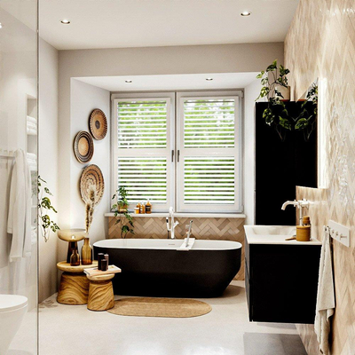 MONDIAZ VICA Meuble de salle de bains 100cm sous-encastré Urban 2 tiroirs. Lavabo CLOUD gauche 1 trou de robinet, couleur Talc.