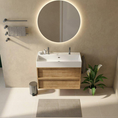 Saniclass Holz Frame Ensemble meuble de salle de bains - 100x45x72cm - vasque Legend en céramique blanc mat - 1 vasque - 2 trous de robinetterie - 2 tiroirs - chêne natural mat (bois)