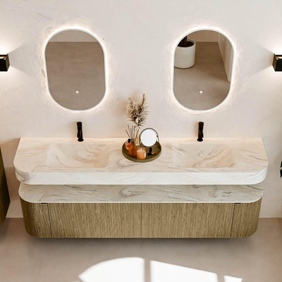 MONDIAZ THOR-DLUX 200cm badmeubel ronding links + rechts kleur Dusk met 2 lades en 2 deuren. Vrijhangende wastafel CLOUD Dubbel 2 kraangaten kleur Ostra.