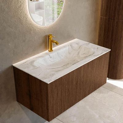 MONDIAZ KURVE-DLUX 90cm badmeubel kleur Walnut met 1 lade. Wastafel BIG SMALL midden 1 kraangat kleur Glace.