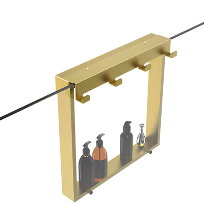 Fortifura Galeria schap met 4 haken - voor douchewand - 50x50x6.5cm - geborsteld messing (goud)