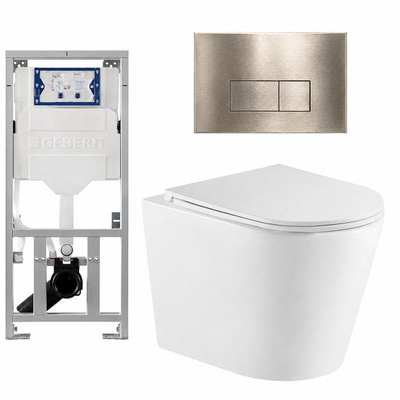 QeramiQ Dely Ensemble WC - 36.3x51.7cm - cuvette profonde - sans rebord - réservoir encastré Geberit UP320 - avec cadre Burda - abattant WC softclose - plaque de commande en laiton brossé - boutons rectangulaires - blanc mat