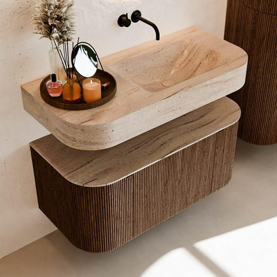 MONDIAZ THOR-DLUX 100cm badmeubel ronding links + rechts kleur Walnut met 1 lade en 2 deuren. Vrijhangende wastafel CLOUD Rechts zonder kraangat kleur Saba.