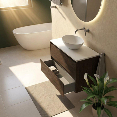 Saniclass Holz Pure Ensemble meuble de salle de bains - 100x45x62.5cm - plan de travail Torino en solid surface blanc - sans trou de robinetterie - 2 tiroirs - chêne charcoal mat (bois)
