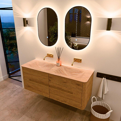 Mondiaz CIRO-DLUX Badkamermeubelset - 130x45x50cm - Solid surface wastafel Saba - 2 wasbak Dubbel - zonder kraangaten - 4 lades - Oak