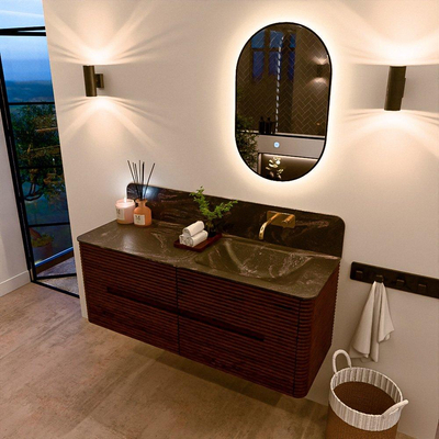 Mondiaz CIRO-DLUX ensemble de meubles de salle de bains - 130x45x50cm - lavabo Solid Surface Lava - 1 vasque à droite - sans trous de robinet - 4 tiroirs - Ruby