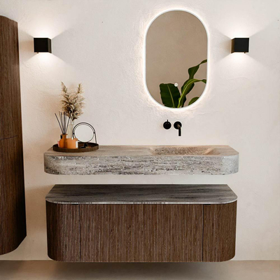 MONDIAZ THOR-DLUX 130cm badmeubel ronding links + rechts kleur Walnut met 1 lade en 2 deuren. Vrijhangende wastafel CLOUD Rechts zonder kraangat kleur Oza.