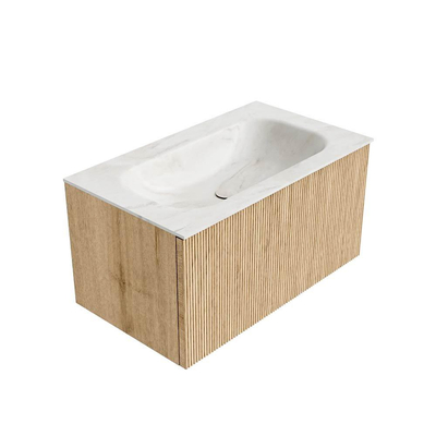 MONDIAZ KURVE-DLUX 80cm badmeubel kleur Oak met 1 lade. Wastafel BIG SMALL midden 1 kraangat kleur Ostra.