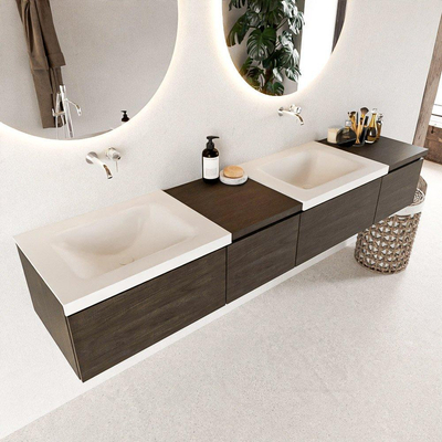 MONDIAZ BUKLA 200cm badmeubel met module 40 links kleur Dark Brown met 4 lades. Wastafel CLOUD dubbel 0 kraangaten kleur Talc.