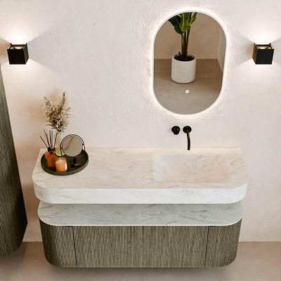 MONDIAZ THOR-DLUX 140cm meuble de salle de bains arrondi gauche + droite couleur Shadow avec 1 tiroir et 2 portes. Vasque suspendue CLOUD Droite sans trou de robinet couleur Opalo.