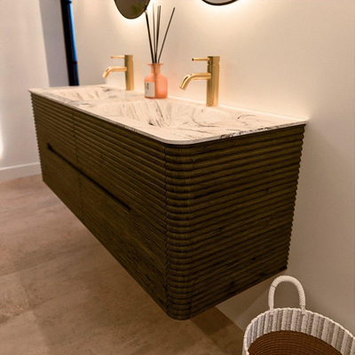 Mondiaz CIRO-DLUX Badkamermeubelset - 140x45x50cm - Solid surface wastafel Glace - 2 wasbak Dubbel - 2 kraangaten - 4 lades - Shadow