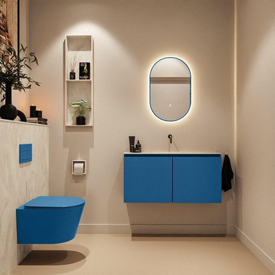 MONDIAZ TURE-DLUX Meuble toilette - 100cm - Jeans - EDEN - vasque Ostra - position centrale - sans trou de robinet