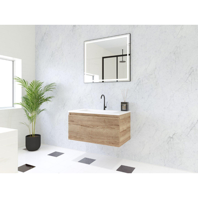 HR Matrix ensemble meuble de salle de bain 3d 80cm 1 tiroir sans poignée avec bandeau couleur chêne français avec vasque fine 1 trou de robinetterie blanc mat